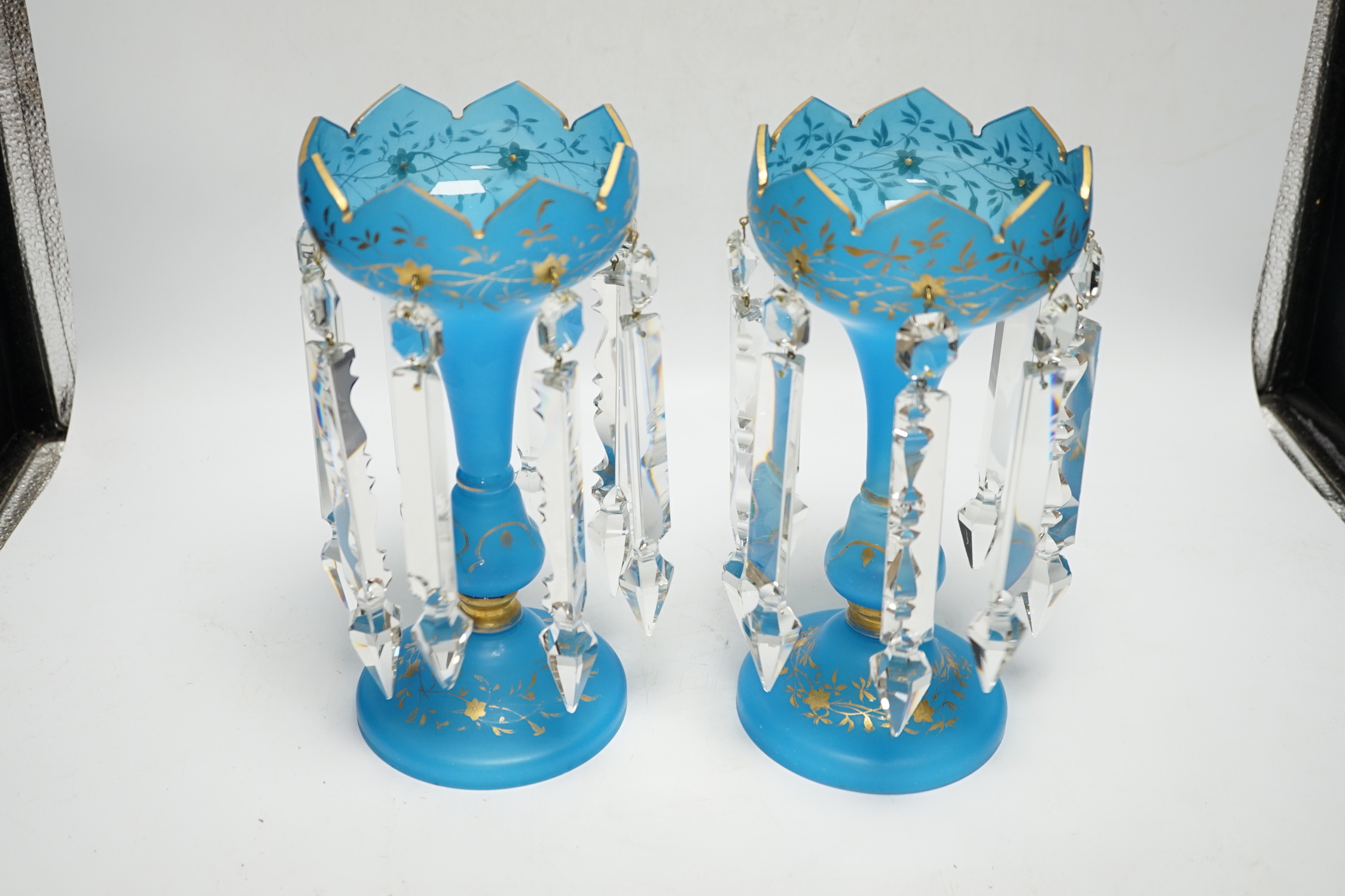 A pair of 19th century turquoise glass table lustres, 26cm high